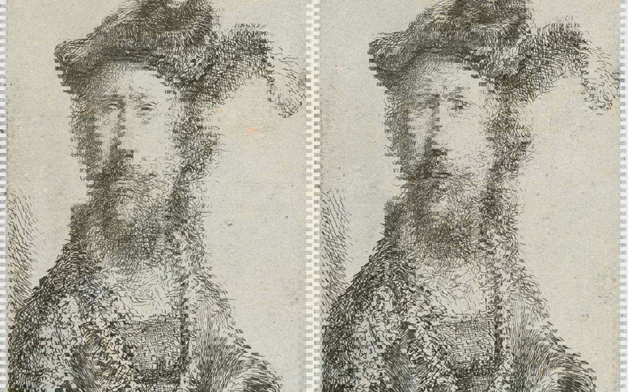 Rembrandt van Rijn. Selvportræt med fløjlshue og fjer, 1638. Radering. Vejle Kunstmuseum