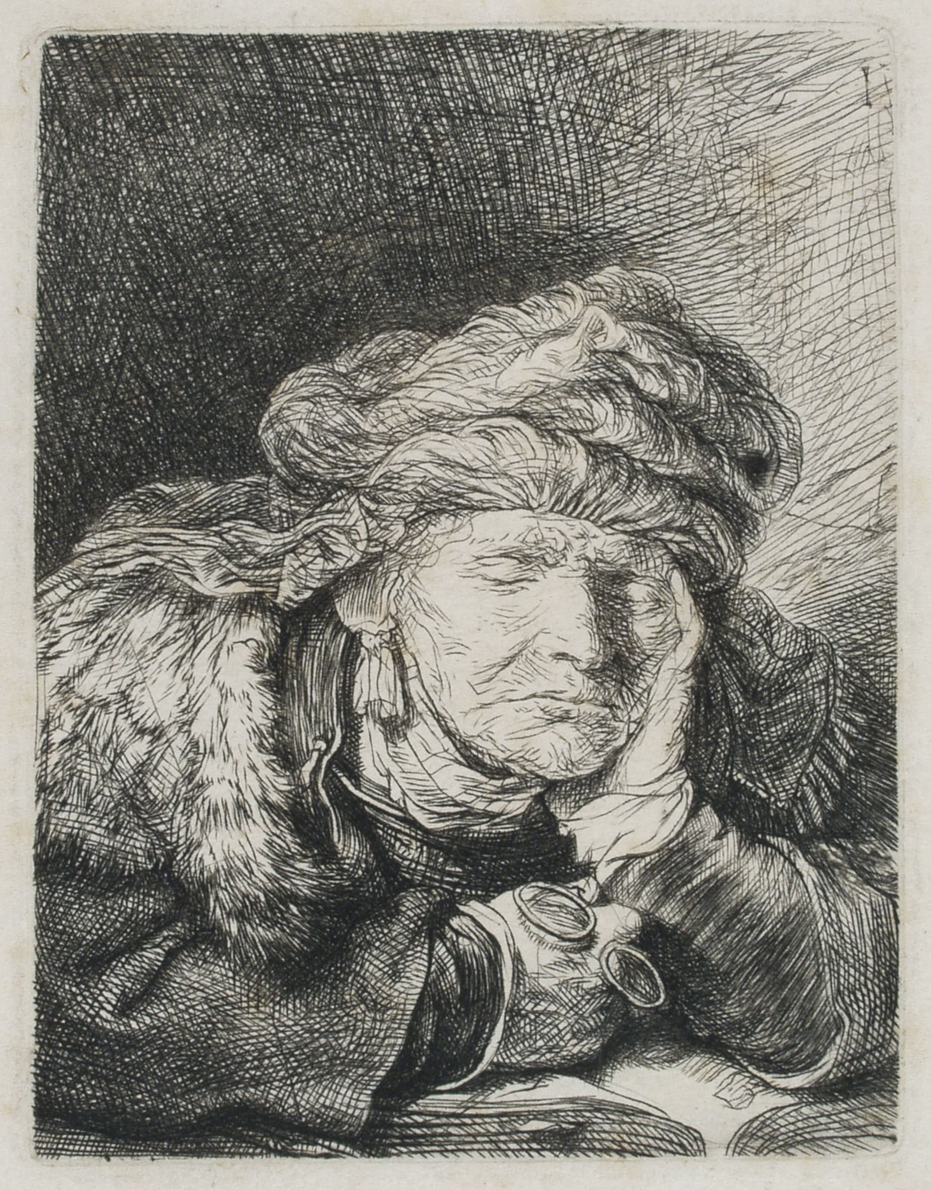 Rembrandt van Rijn. Gammel sovende kone, 1635-37. Radering. Vejle Kunstmuseum