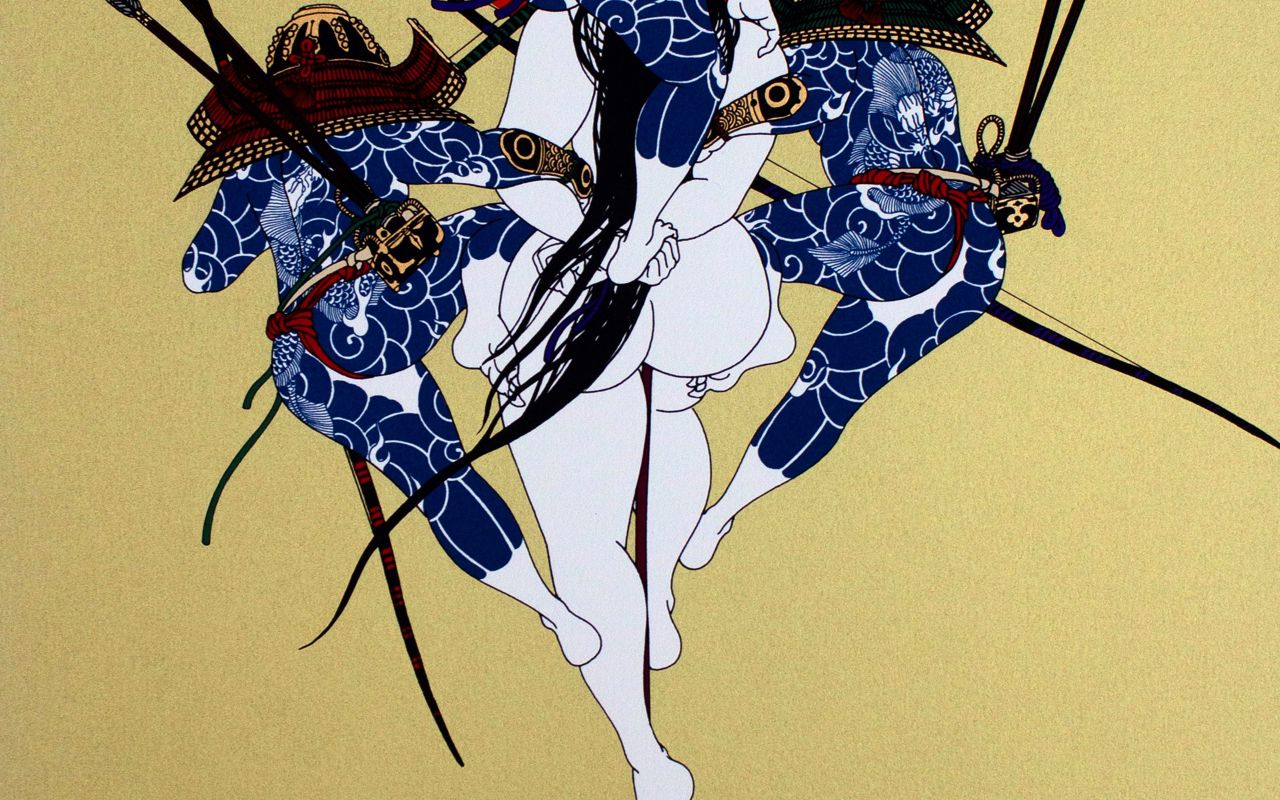 Kunstværk: Tre samuraier, en nøgen kvinde og en rød sol