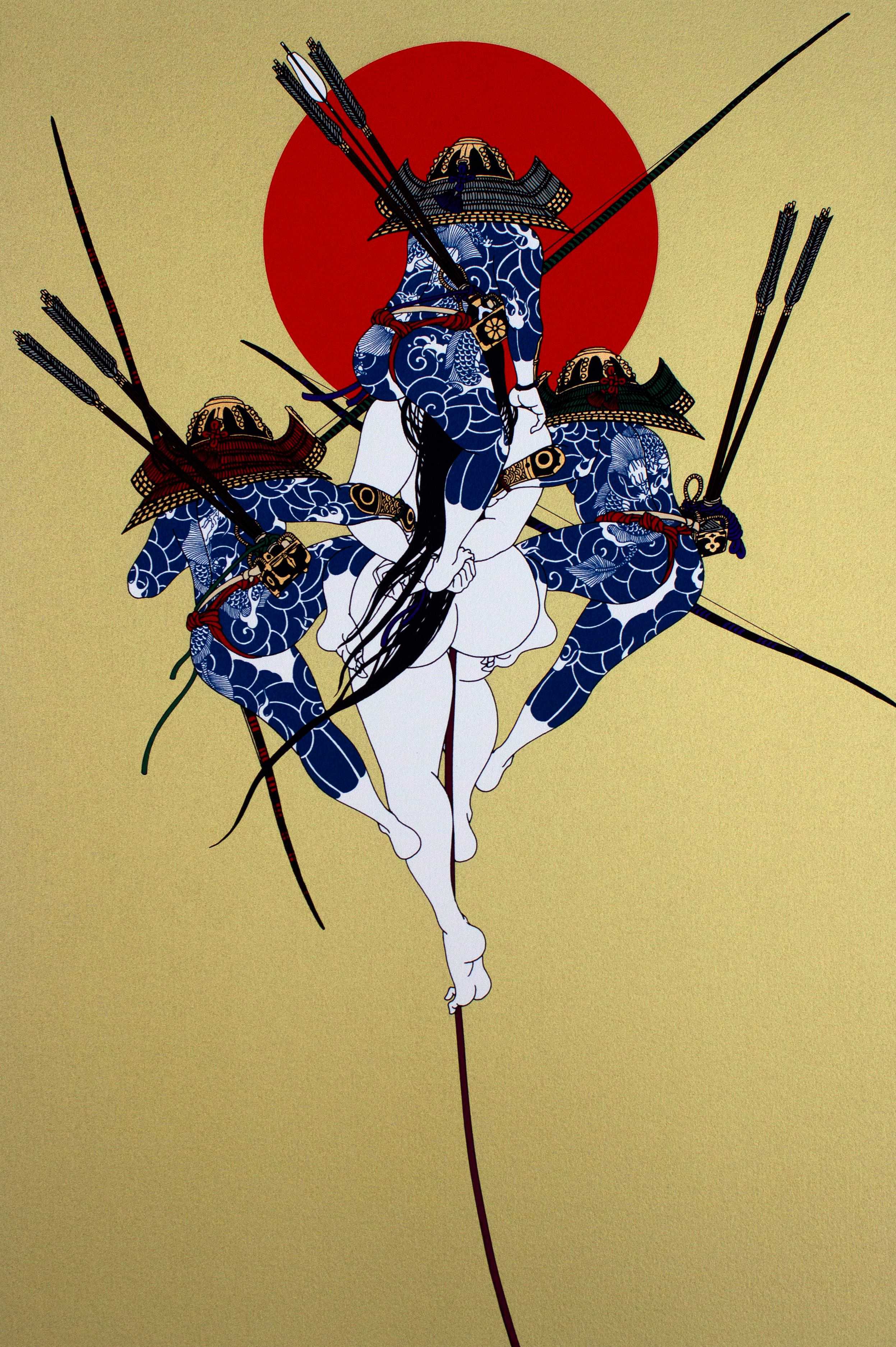 Kunstværk: Tre samuraier, en nøgen kvinde og en rød sol