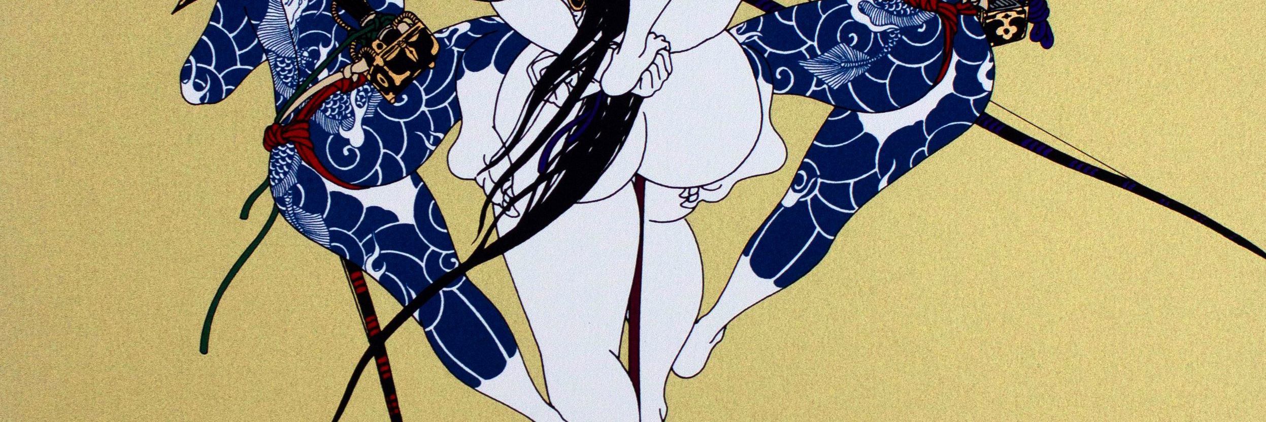 Kunstværk: Tre samuraier, en nøgen kvinde og en rød sol