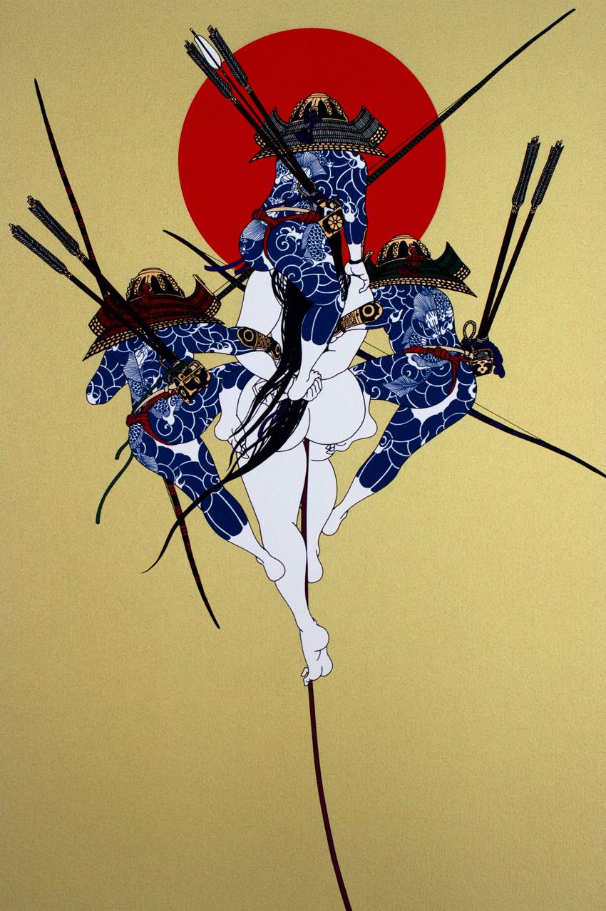 Kunstværk: Tre samuraier, en nøgen kvinde og en rød sol