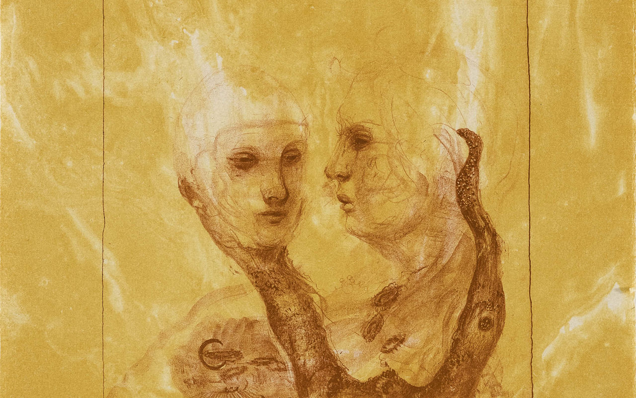 Kunstværk: gult med ansigter