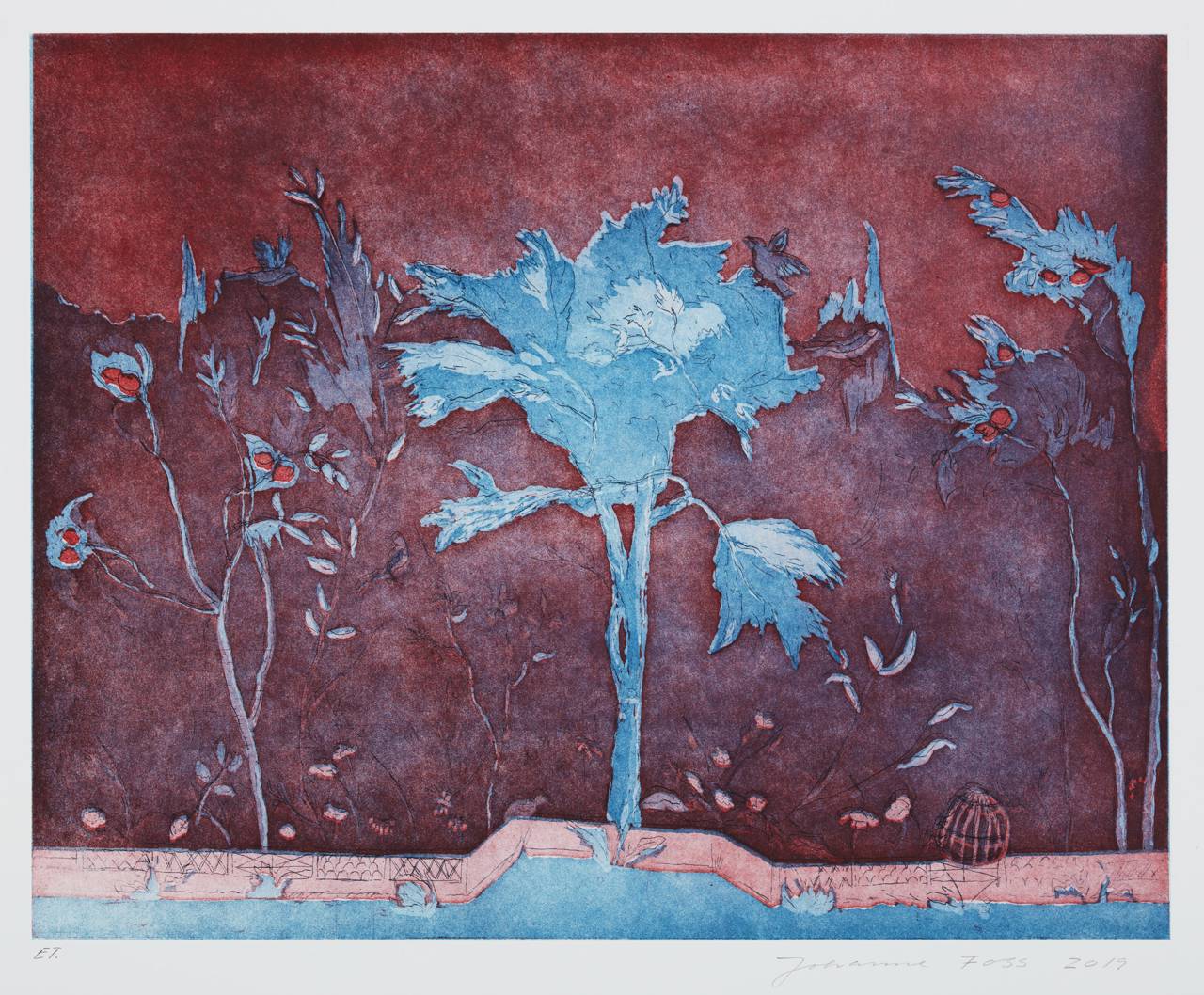 Kunstværk: radeing af egetræ i blå og røde nuancer