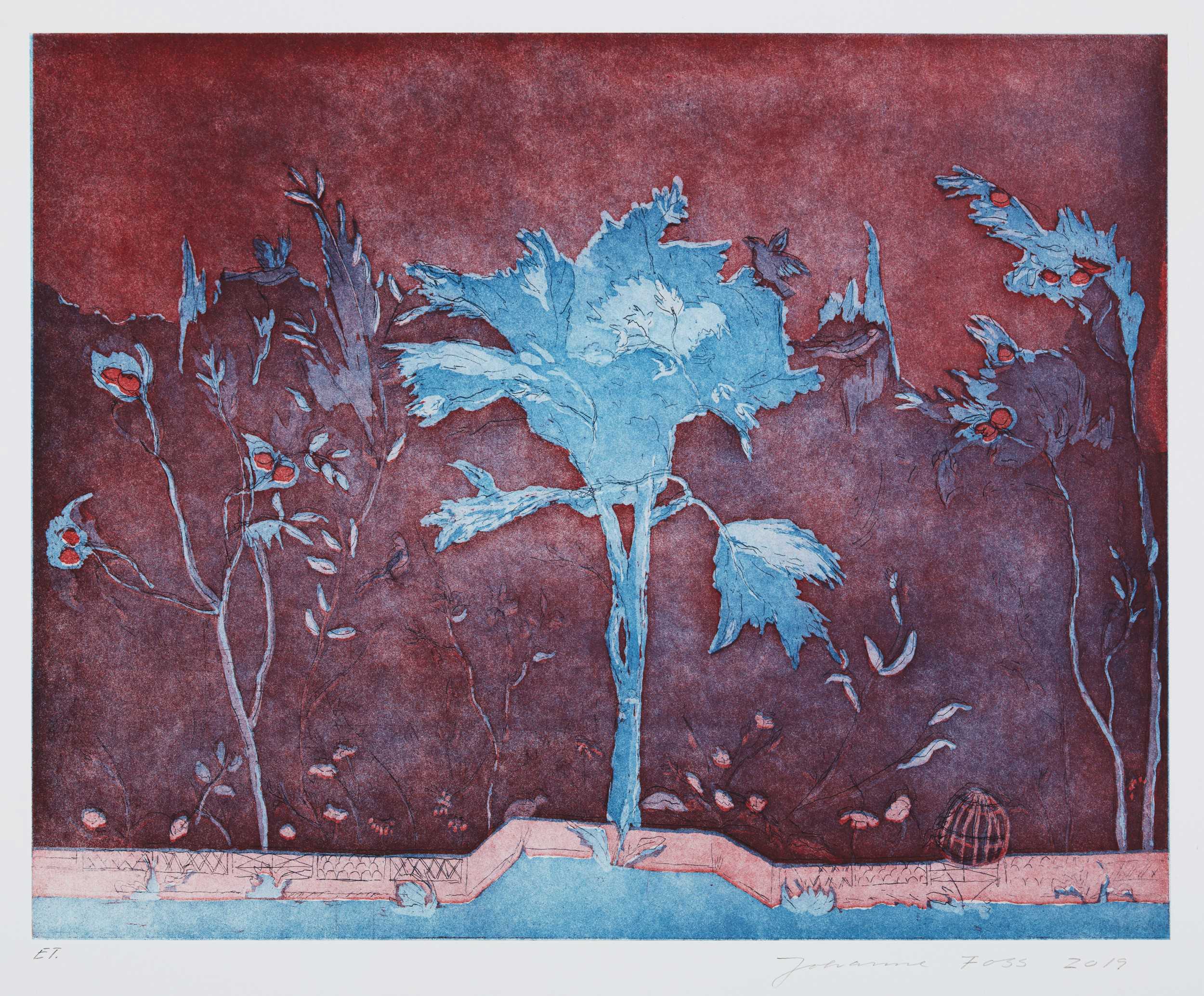Kunstværk: radeing af egetræ i blå og røde nuancer