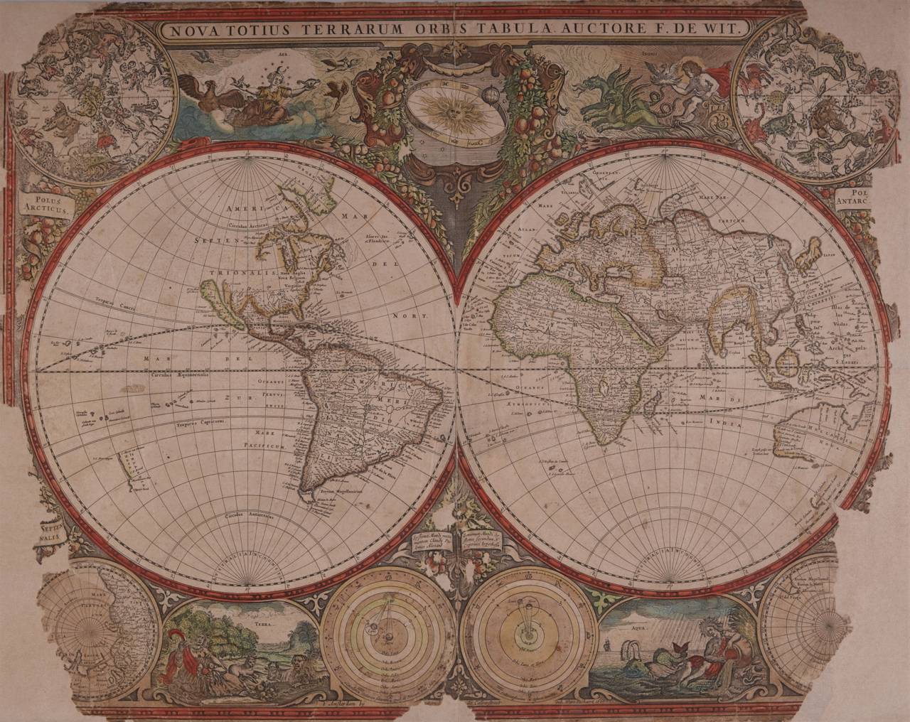 Nova Totius Terrarum Orbis Tabula. Verdenskort udfærdiget af Frederick de Wit (1630-1706) og senere inkorporeret Hendrik Donckers søatlas.