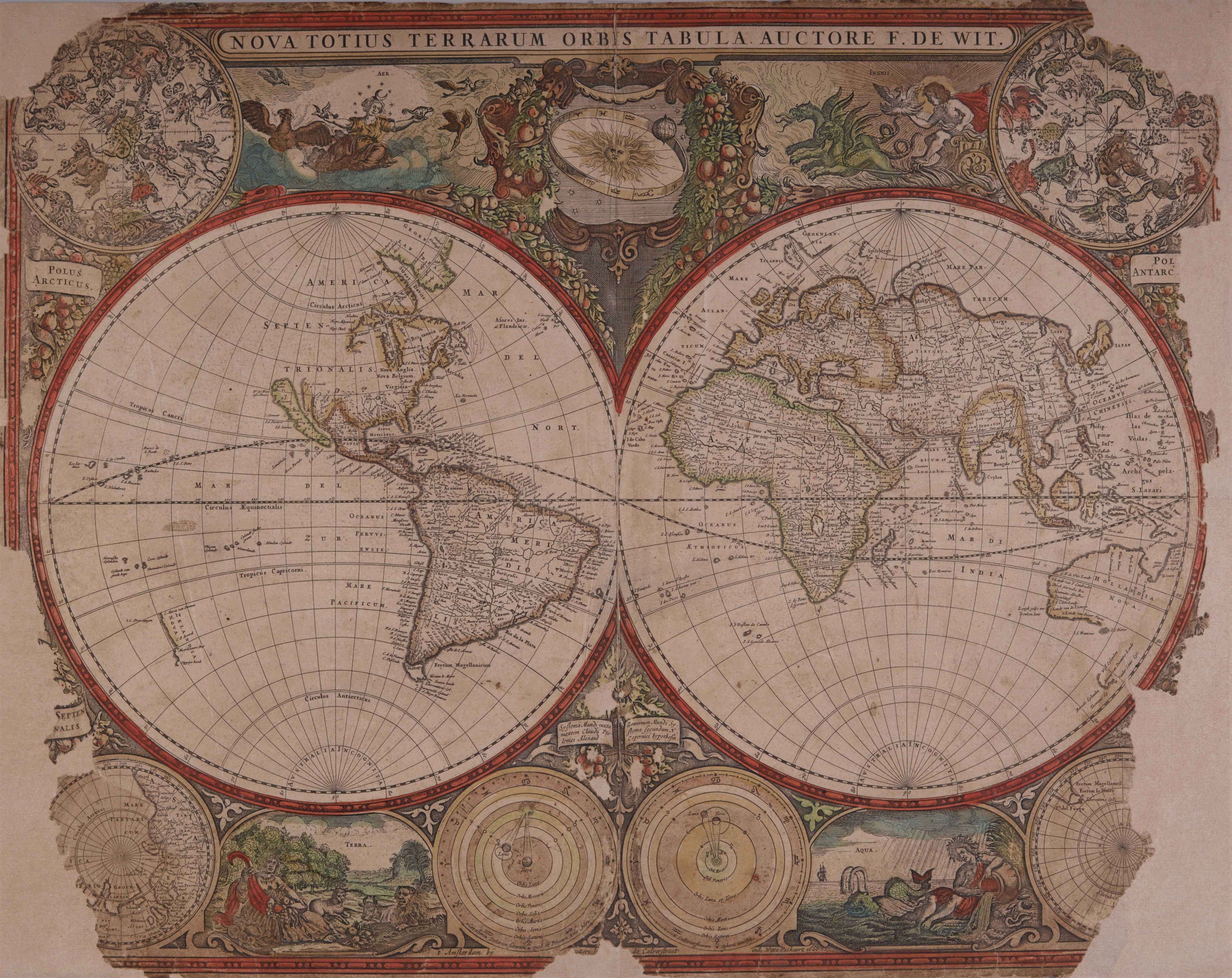 Nova Totius Terrarum Orbis Tabula. Verdenskort udfærdiget af Frederick de Wit (1630-1706) og senere inkorporeret Hendrik Donckers søatlas.