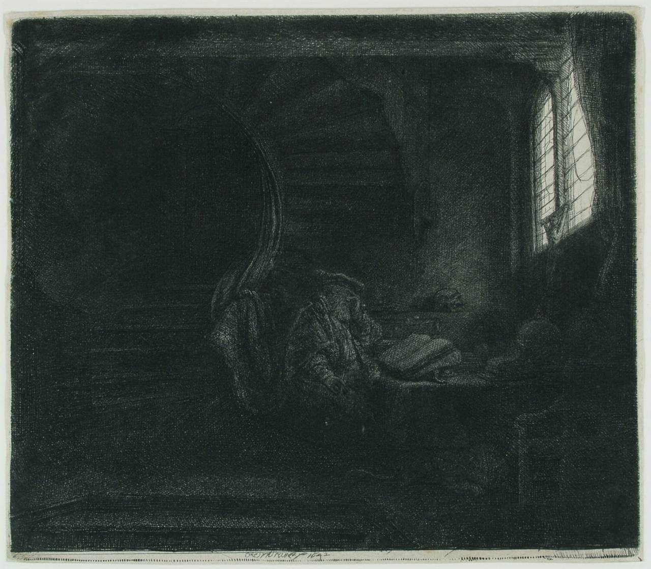 Rembrandt van Rijn. Den hellige Hieronimus i et mørkt kammer, 1642. Radering. Vejle Kunstmuseum.